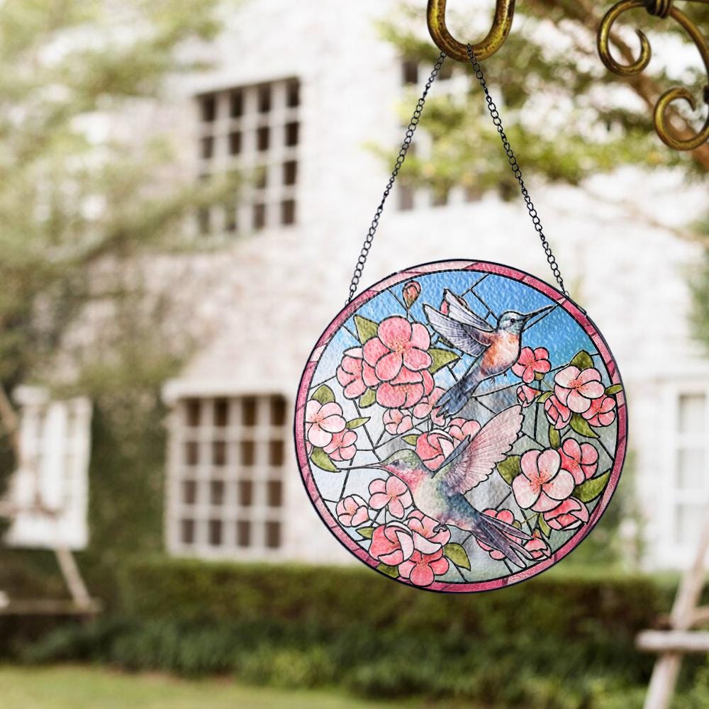 Hummingbird Floral Stained Glass Suncatcher, Window Hanging Decor, Garden Bird Art, Spring Nature Gift, Butterfly Flower Panel - product image 9