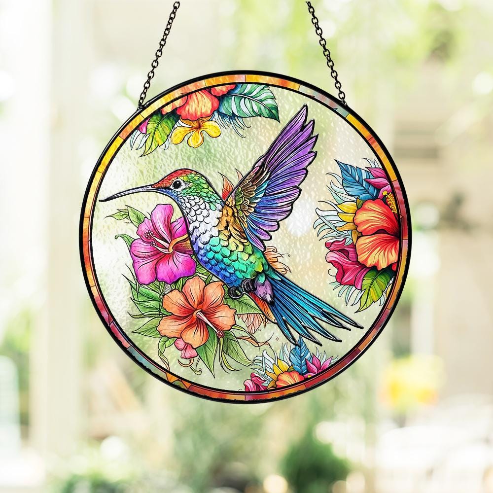 Hummingbird Stained Glass Suncatcher, Floral Window Hanging Art, Colorful Bird Ornament, Garden Lover Gift, Nature Decor, Sun Catcher - product image 3