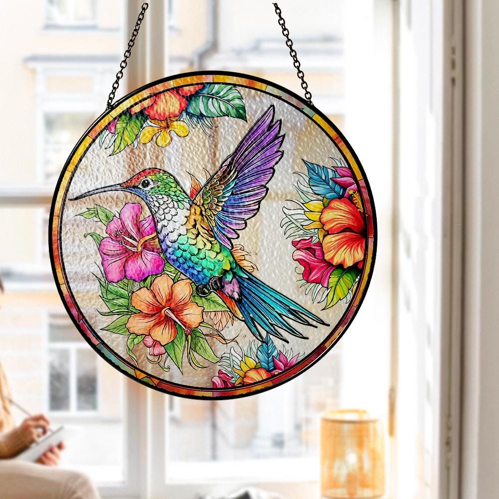Hummingbird Stained Glass Suncatcher, Floral Window Hanging Art, Colorful Bird Ornament, Garden Lover Gift, Nature Decor, Sun Catcher - product image 2