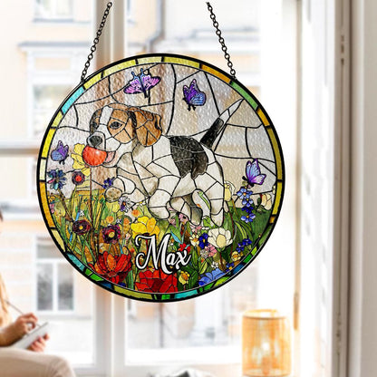 Custom Dog Photo Stained Glass Suncatcher, Pet Memorial Window Hanging, Personalized Dog Lover Gift, Floral Hound Art, Spring Home Decor - product image 2