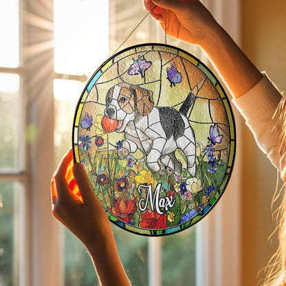 Custom Dog Photo Stained Glass Suncatcher, Pet Memorial Window Hanging, Personalized Dog Lover Gift, Floral Hound Art, Spring Home Decor - product image 8
