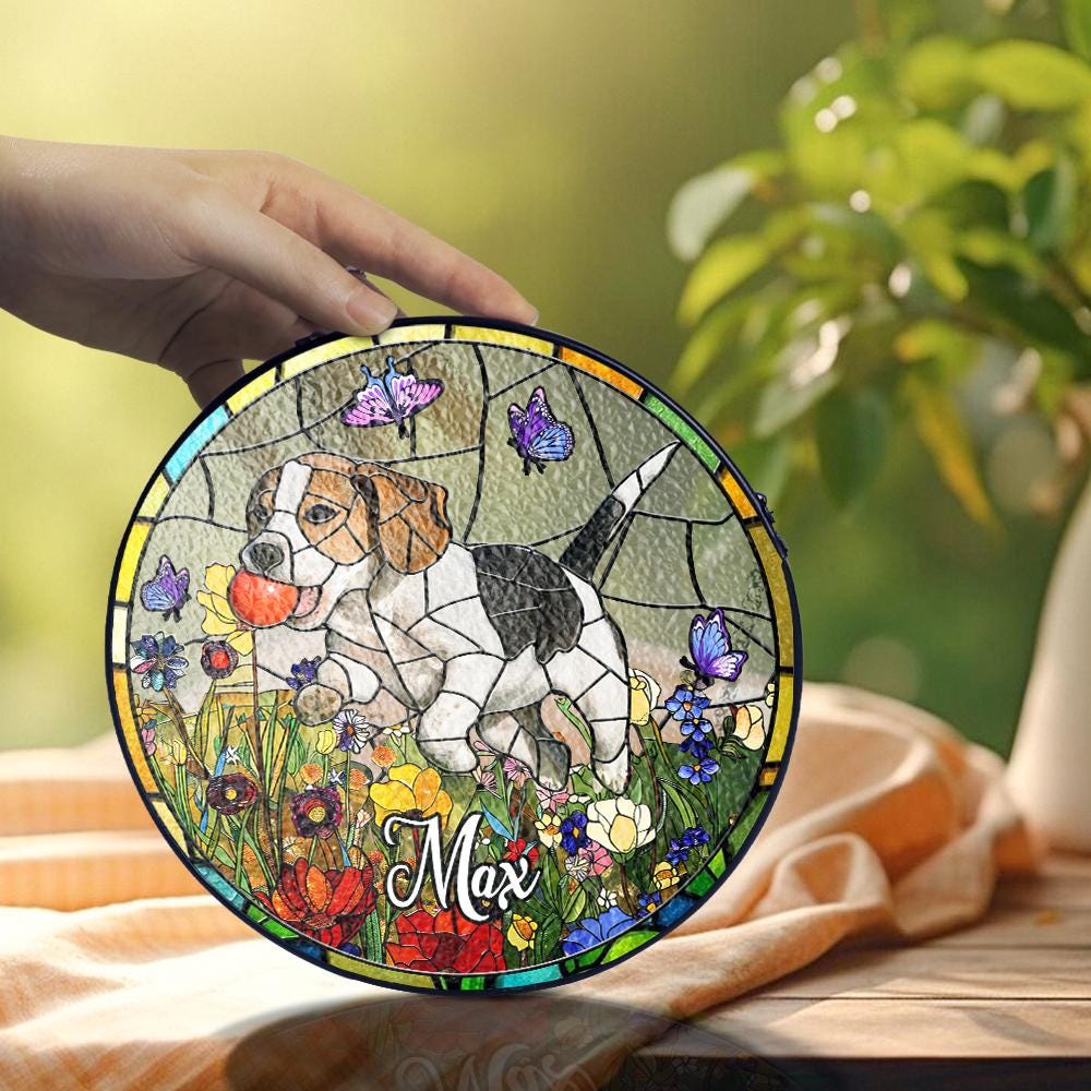 Custom Dog Photo Stained Glass Suncatcher, Pet Memorial Window Hanging, Personalized Dog Lover Gift, Floral Hound Art, Spring Home Decor - product image 9