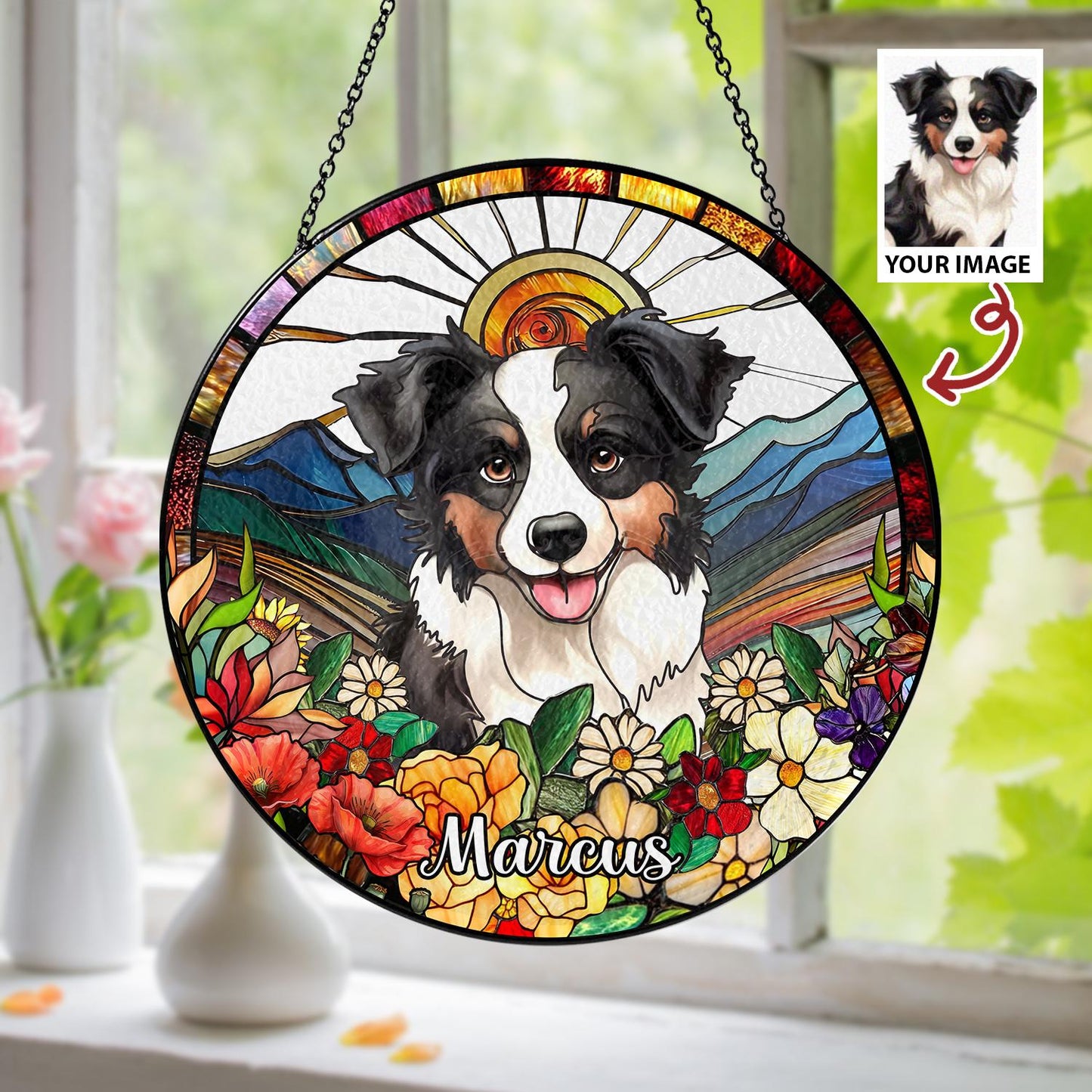 Personalized Dog Mom Gift Stained Glass Suncatcher, Custom Pet Portrait Window Hanging, Housewarming Pet Decor - main product image