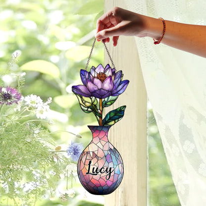 Custom Name Floral Mosaic Vase Suncatcher, Personalized Birth Flower Window Decor, Faux Stained Glass Gift for Aunt or Teacher - product image 4