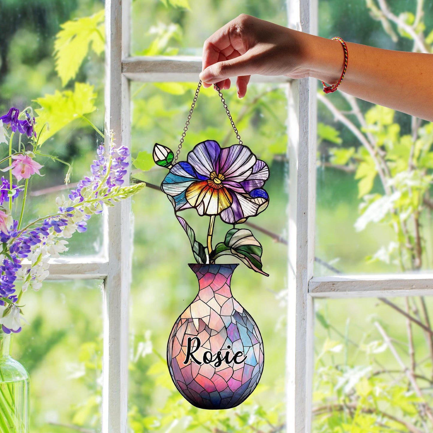 Custom Name Floral Mosaic Vase Suncatcher, Personalized Birth Flower Window Decor, Faux Stained Glass Gift for Aunt or Teacher - product image 6