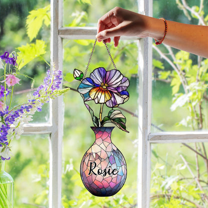 Custom Name Floral Mosaic Vase Suncatcher, Personalized Birth Flower Window Decor, Faux Stained Glass Gift for Aunt or Teacher - product image 6
