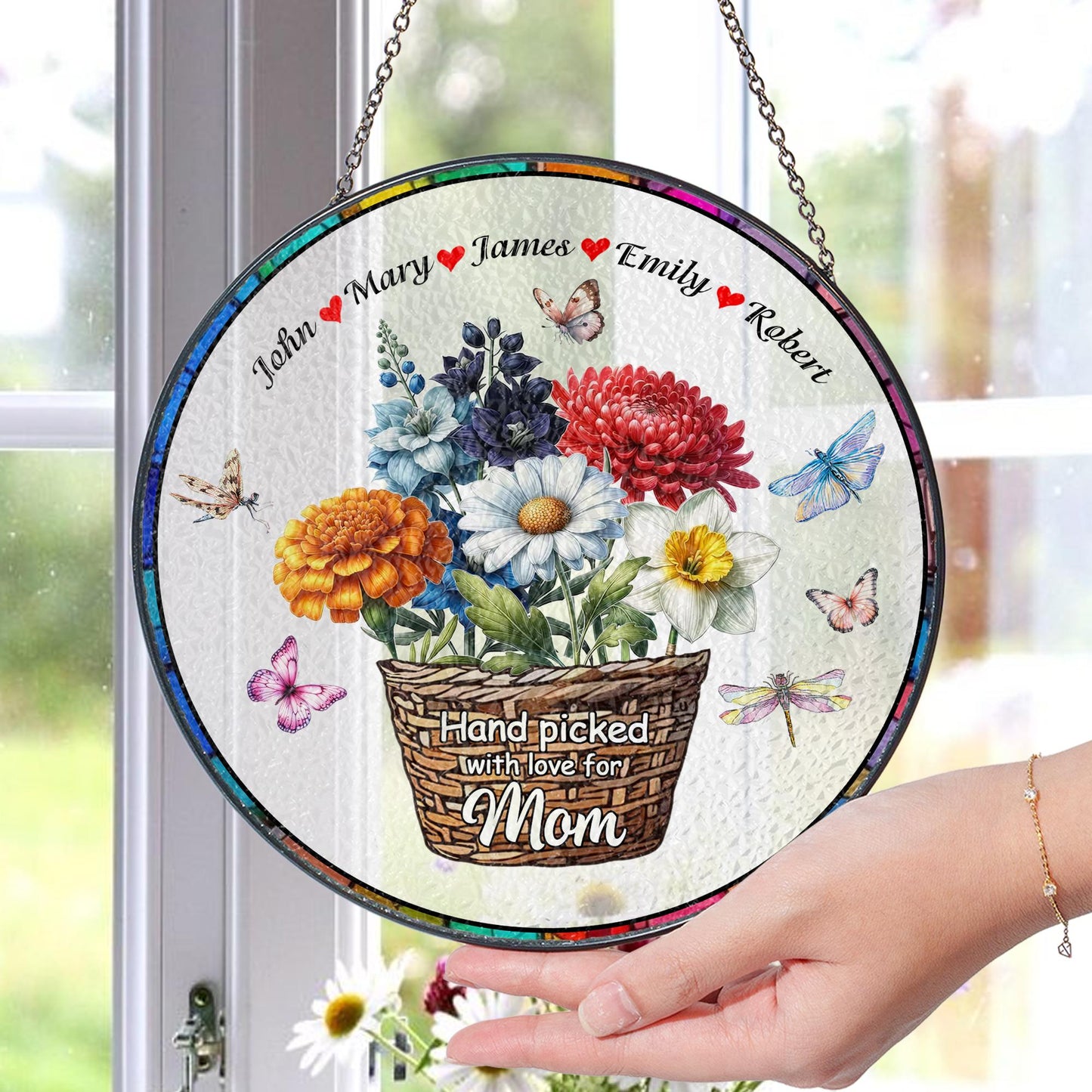 Personalized Mom Flower Basket Suncatcher, Custom Name Stained Glass Ornament, Mother's Day Gift, Handpicked With Love, Floral Window Decor - main product image