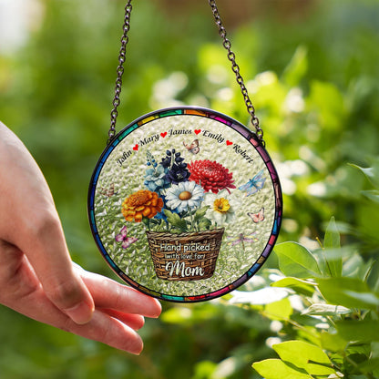 Personalized Mom Flower Basket Suncatcher, Custom Name Stained Glass Ornament, Mother's Day Gift, Handpicked With Love, Floral Window Decor - product image 6