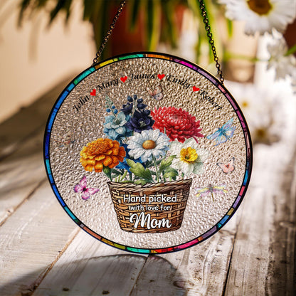 Personalized Mom Flower Basket Suncatcher, Custom Name Stained Glass Ornament, Mother's Day Gift, Handpicked With Love, Floral Window Decor - product image 7