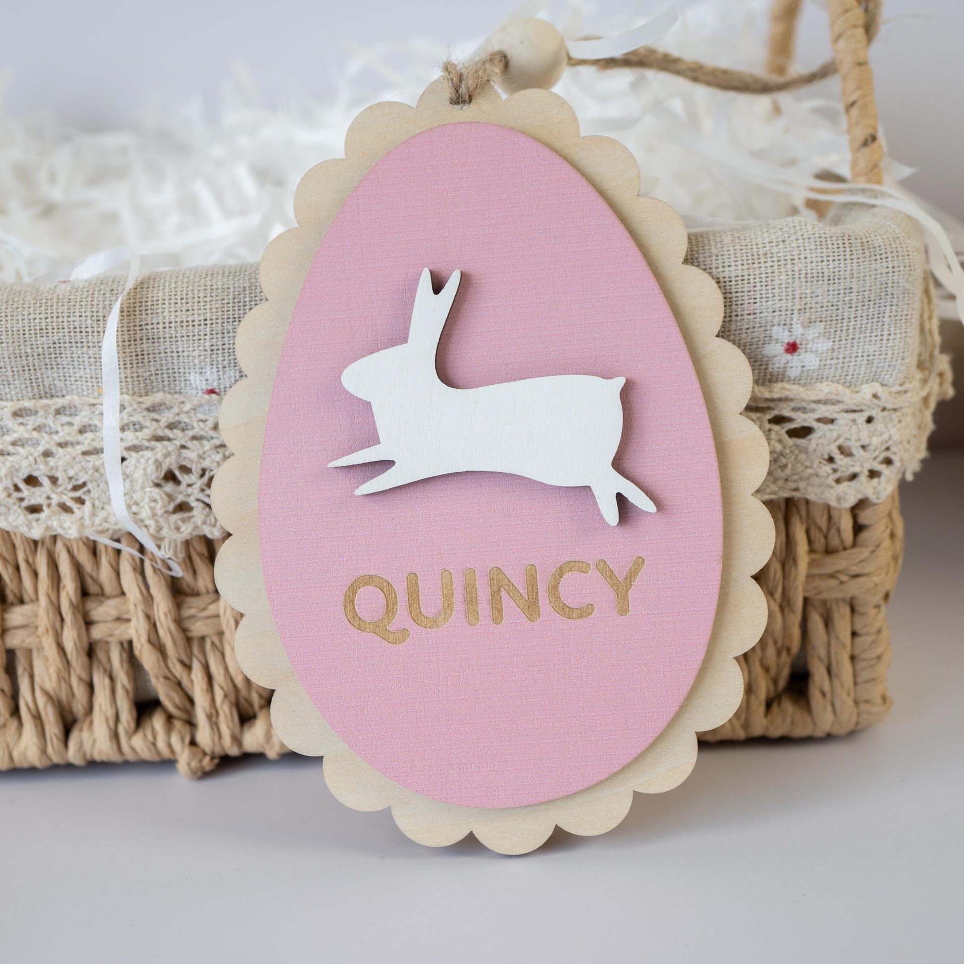 Personalized Easter Basket Tag – Birch Wood Egg with Bunny, Custom Kids Name Tag, Holiday Favor, Easter Gift, Spring Basket Decoration - product image 2