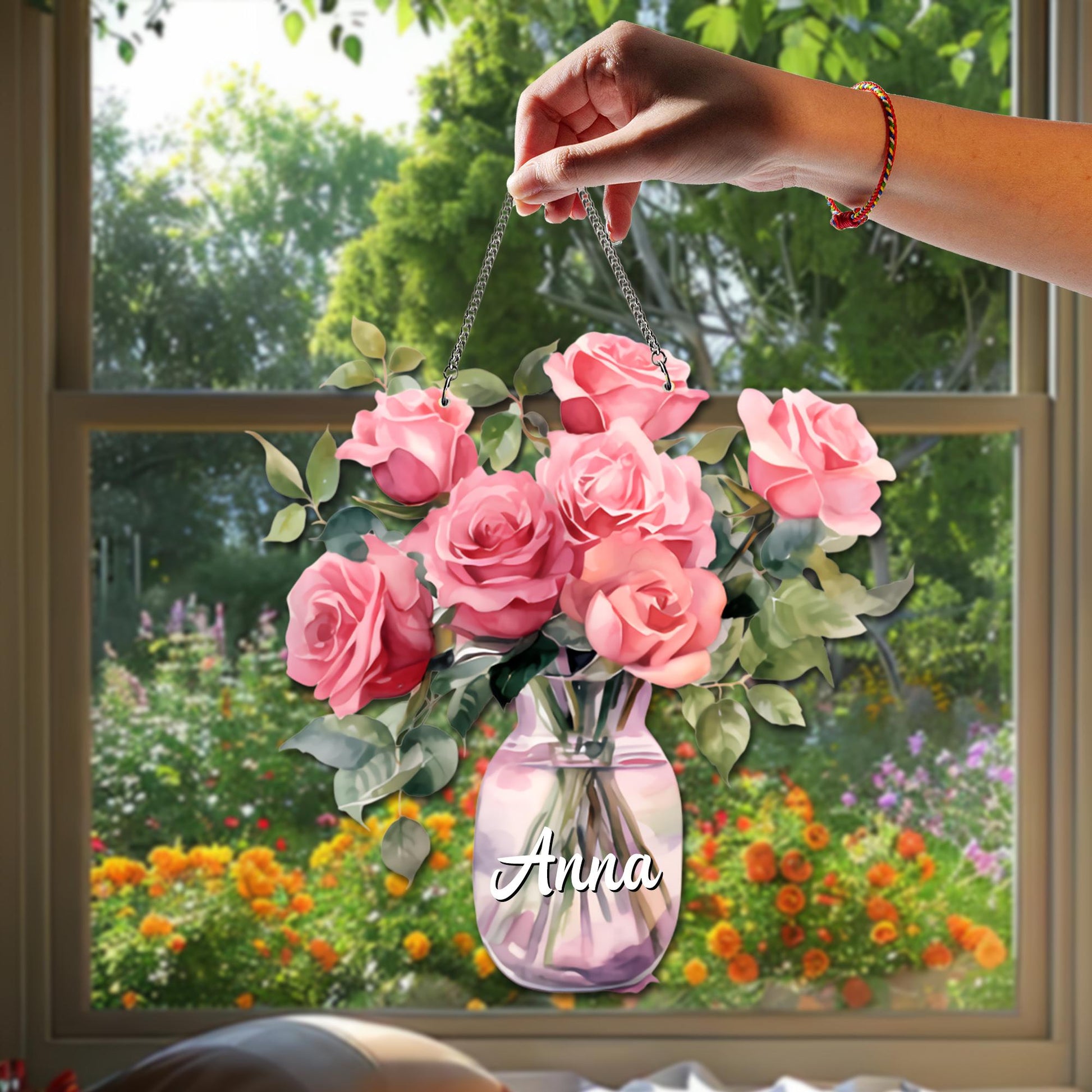 Personalized Rose Birth Flower Suncatcher, Custom Name Glass Vase Floral Window Hanging, Mom Birthday Gift, Acrylic Faux Glass - product image 5