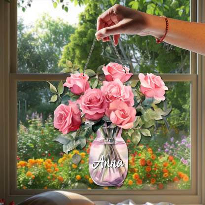 Personalized Rose Birth Flower Suncatcher, Custom Name Glass Vase Floral Window Hanging, Mom Birthday Gift, Acrylic Faux Glass - product image 5