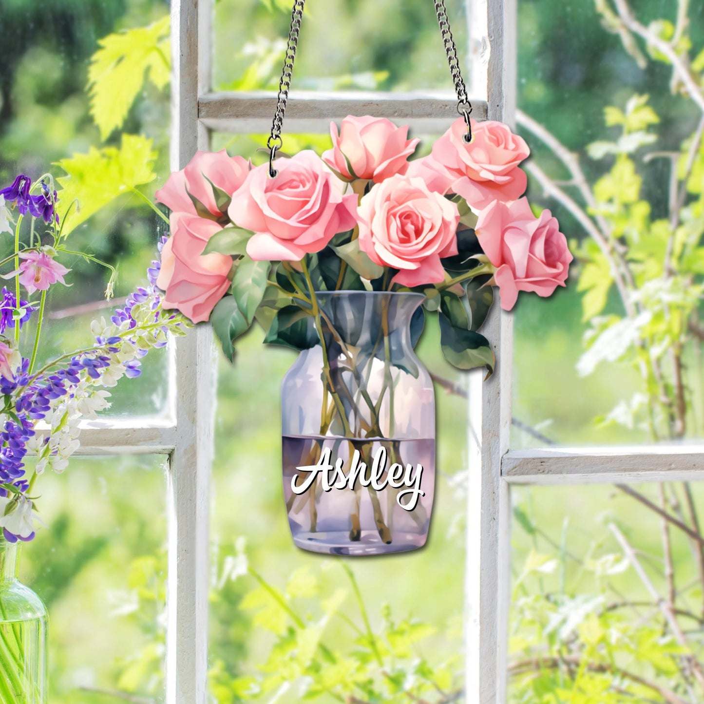 Personalized Rose Birth Flower Suncatcher, Custom Name Glass Vase Floral Window Hanging, Mom Birthday Gift, Acrylic Faux Glass - product image 6