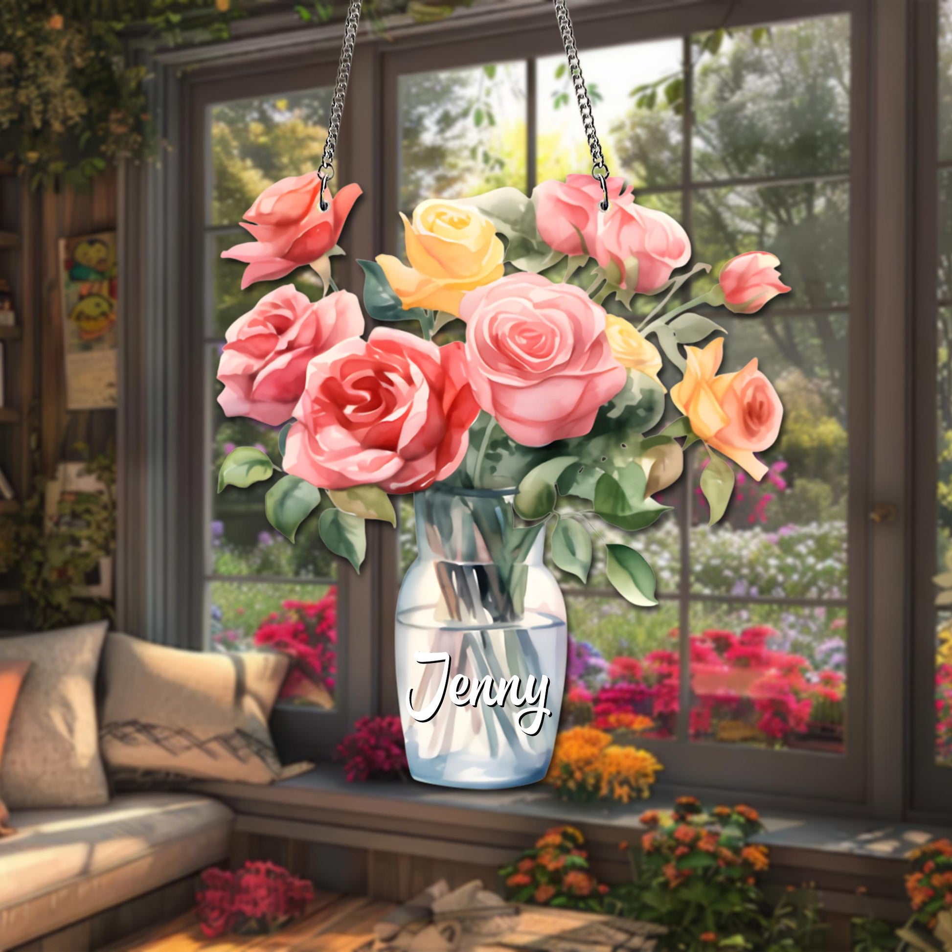Personalized Rose Birth Flower Suncatcher, Custom Name Glass Vase Floral Window Hanging, Mom Birthday Gift, Acrylic Faux Glass - main product image