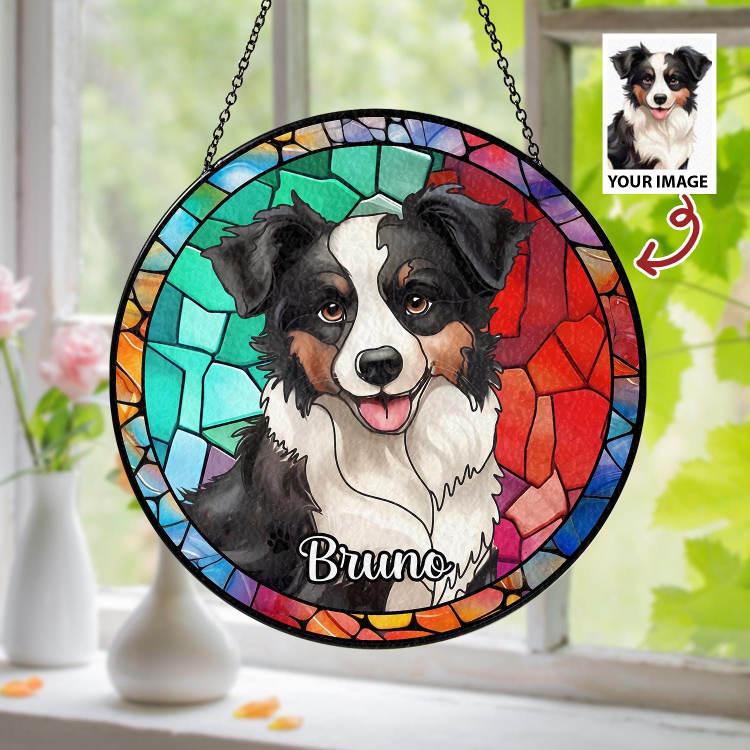 Custom Dog Portrait From Photo Suncatcher, Colorful Stained Glass Pet Art, Personalized Dog Lover Gift, Window Decal - main product image