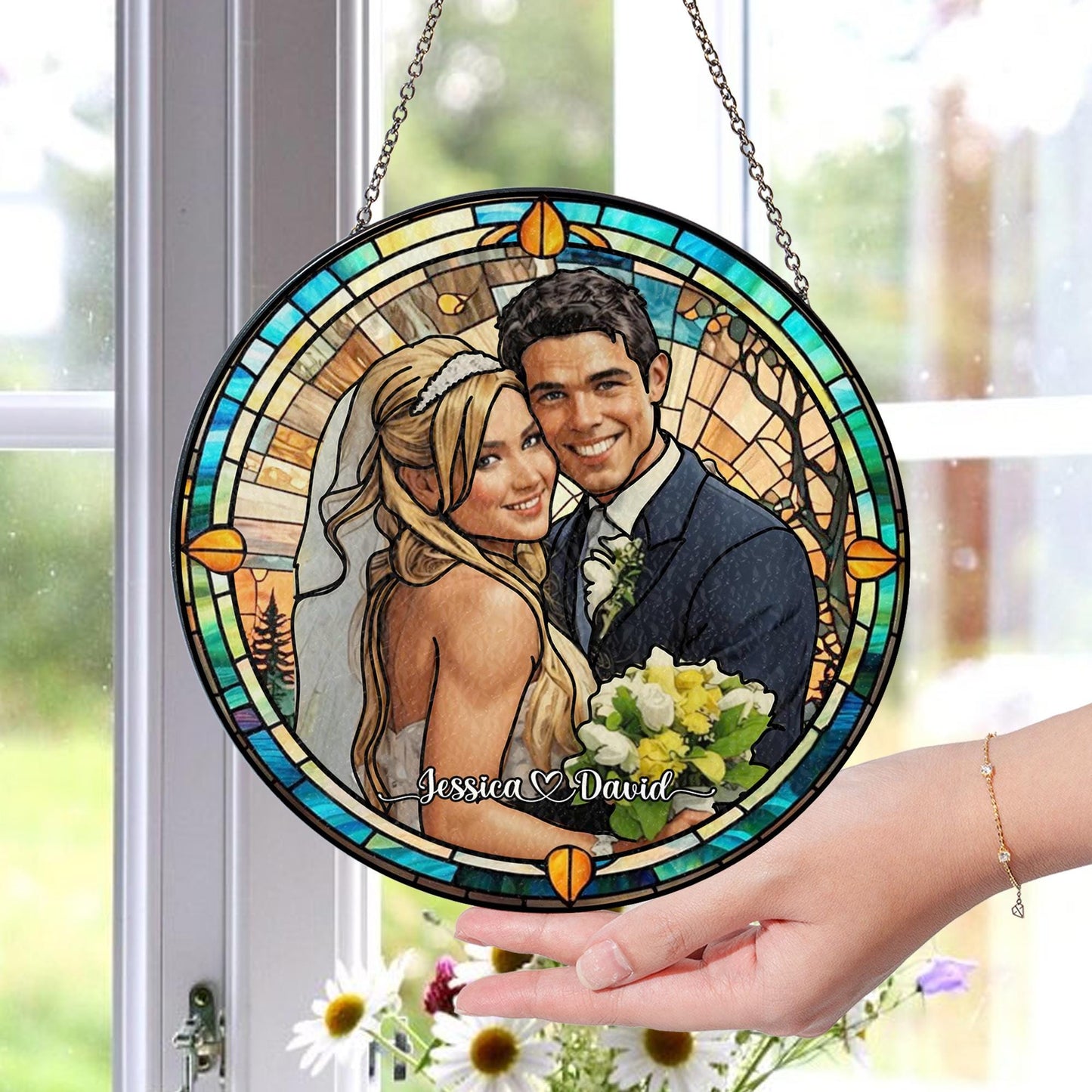 Custom Photo Name Wedding Suncatcher Glass, Personalized Couple Portrait Keepsake, Unique Anniversary or Bridal Gift, Stained Glass Window - product image 3