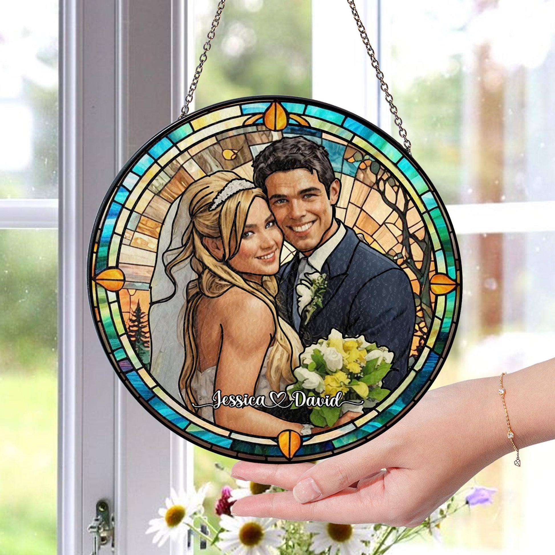 Custom Photo Name Wedding Suncatcher Glass, Personalized Couple Portrait Keepsake, Unique Anniversary or Bridal Gift, Stained Glass Window - product image 3