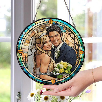 Custom Photo Name Wedding Suncatcher Glass, Personalized Couple Portrait Keepsake, Unique Anniversary or Bridal Gift, Stained Glass Window - product image 3