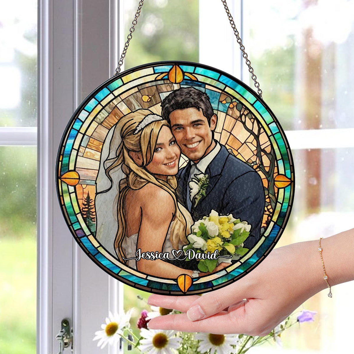 Custom Photo Name Wedding Suncatcher Glass, Personalized Couple Portrait Keepsake, Unique Anniversary or Bridal Gift, Stained Glass Window - product image 3
