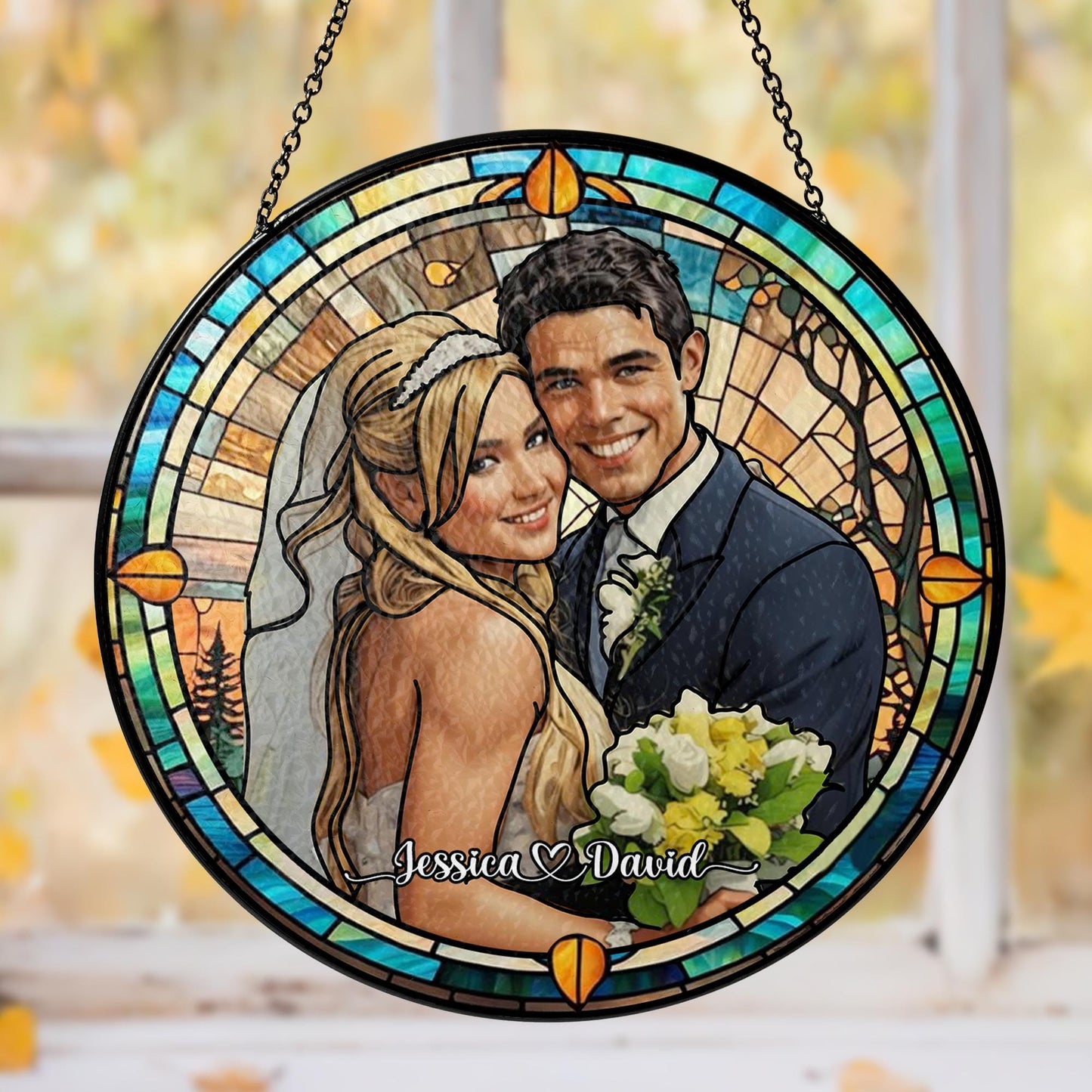 Custom Photo Name Wedding Suncatcher Glass, Personalized Couple Portrait Keepsake, Unique Anniversary or Bridal Gift, Stained Glass Window - product image 6
