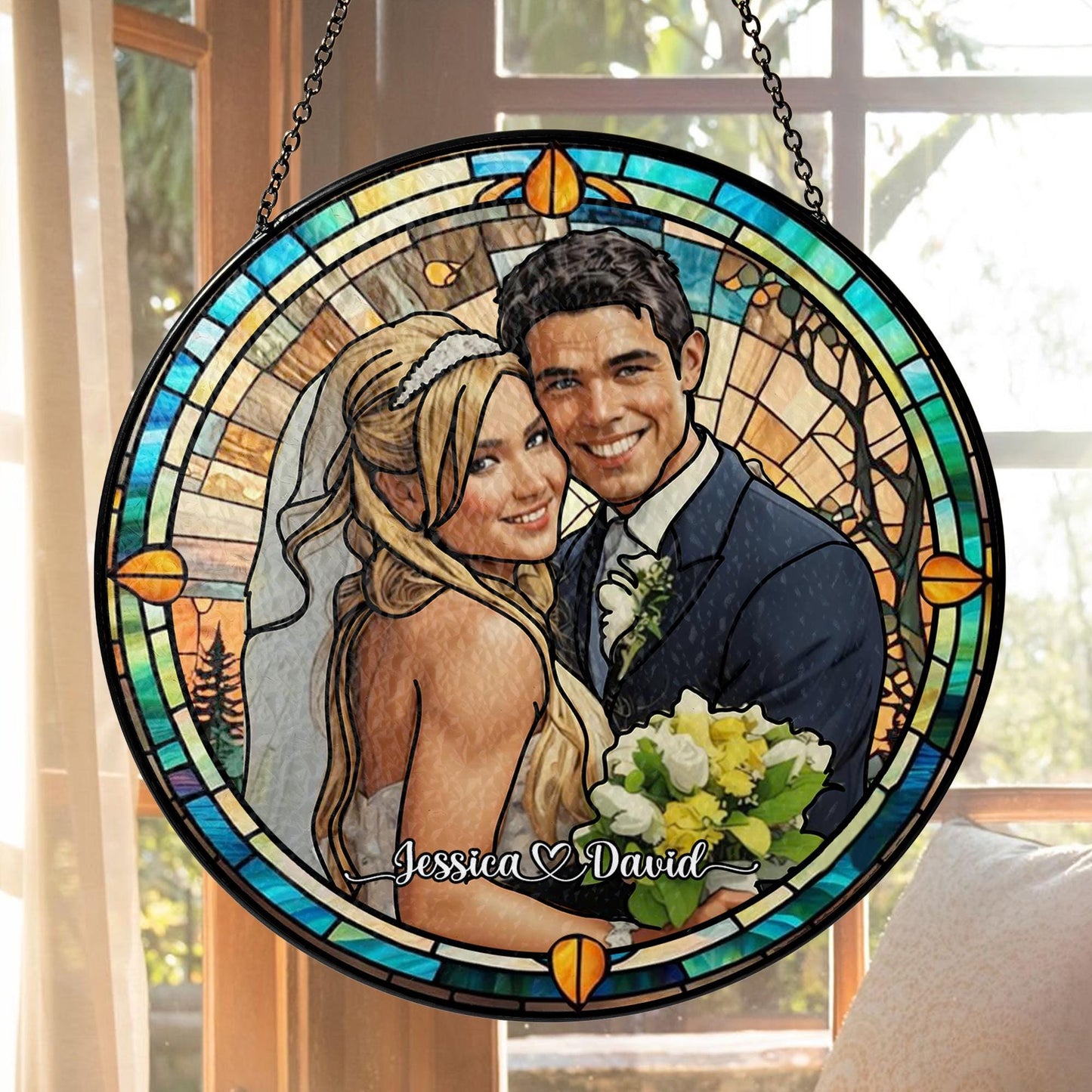 Custom Photo Name Wedding Suncatcher Glass, Personalized Couple Portrait Keepsake, Unique Anniversary or Bridal Gift, Stained Glass Window - product image 7