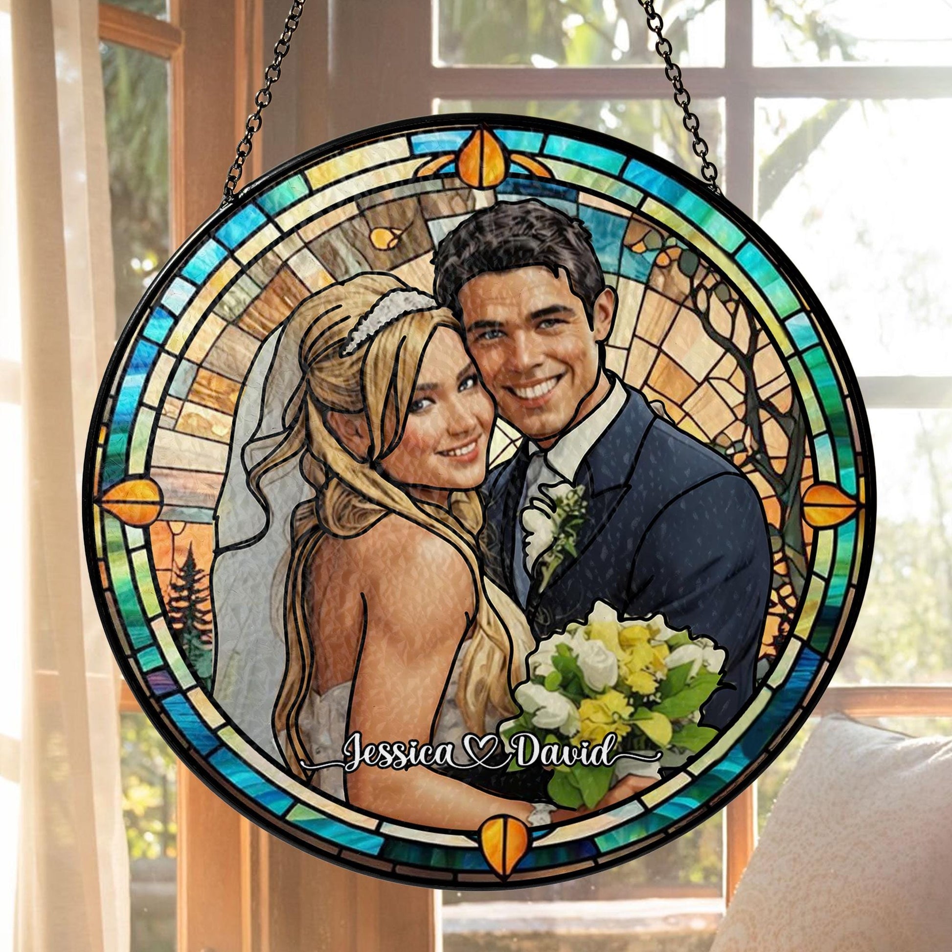 Custom Photo Name Wedding Suncatcher Glass, Personalized Couple Portrait Keepsake, Unique Anniversary or Bridal Gift, Stained Glass Window - product image 7