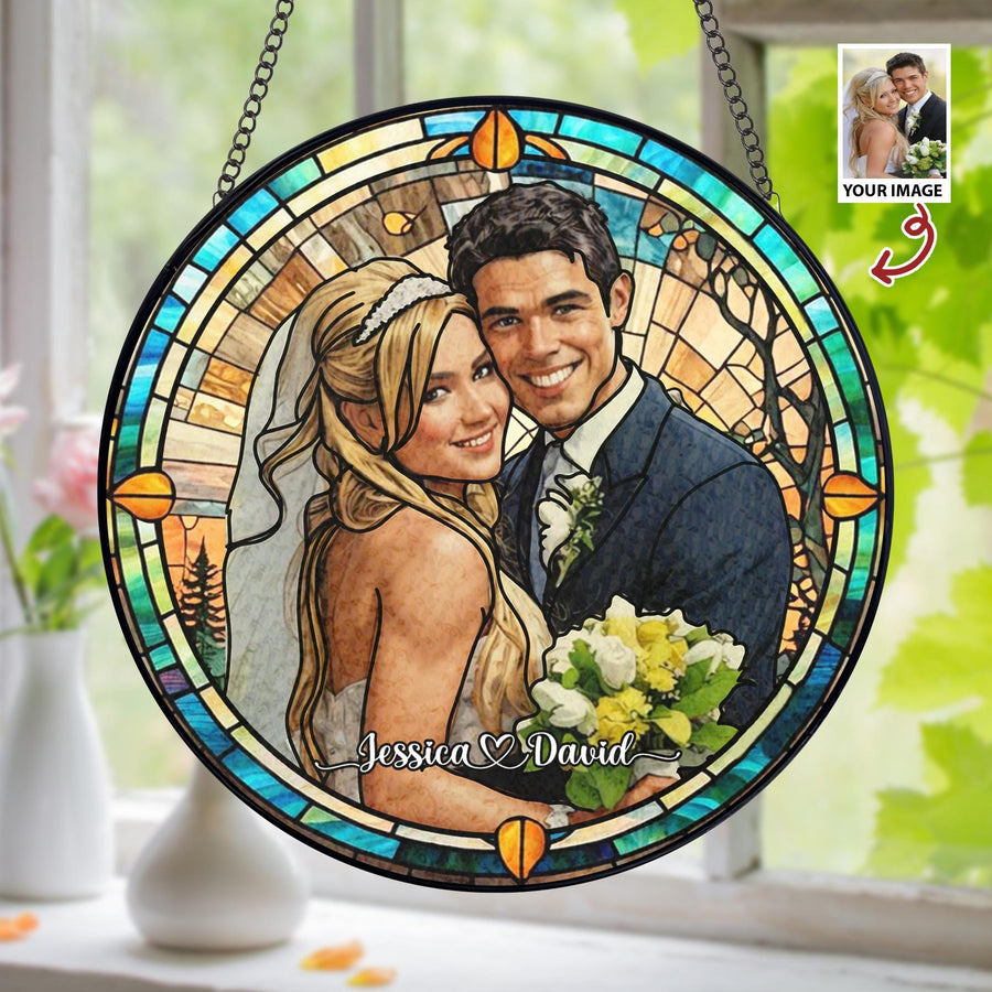 Custom Photo Name Wedding Suncatcher Glass, Personalized Couple Portrait Keepsake, Unique Anniversary or Bridal Gift, Stained Glass Window - main product image