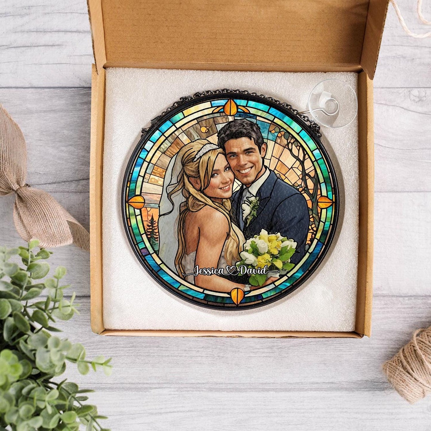 Custom Photo Name Wedding Suncatcher Glass, Personalized Couple Portrait Keepsake, Unique Anniversary or Bridal Gift, Stained Glass Window - product image 5