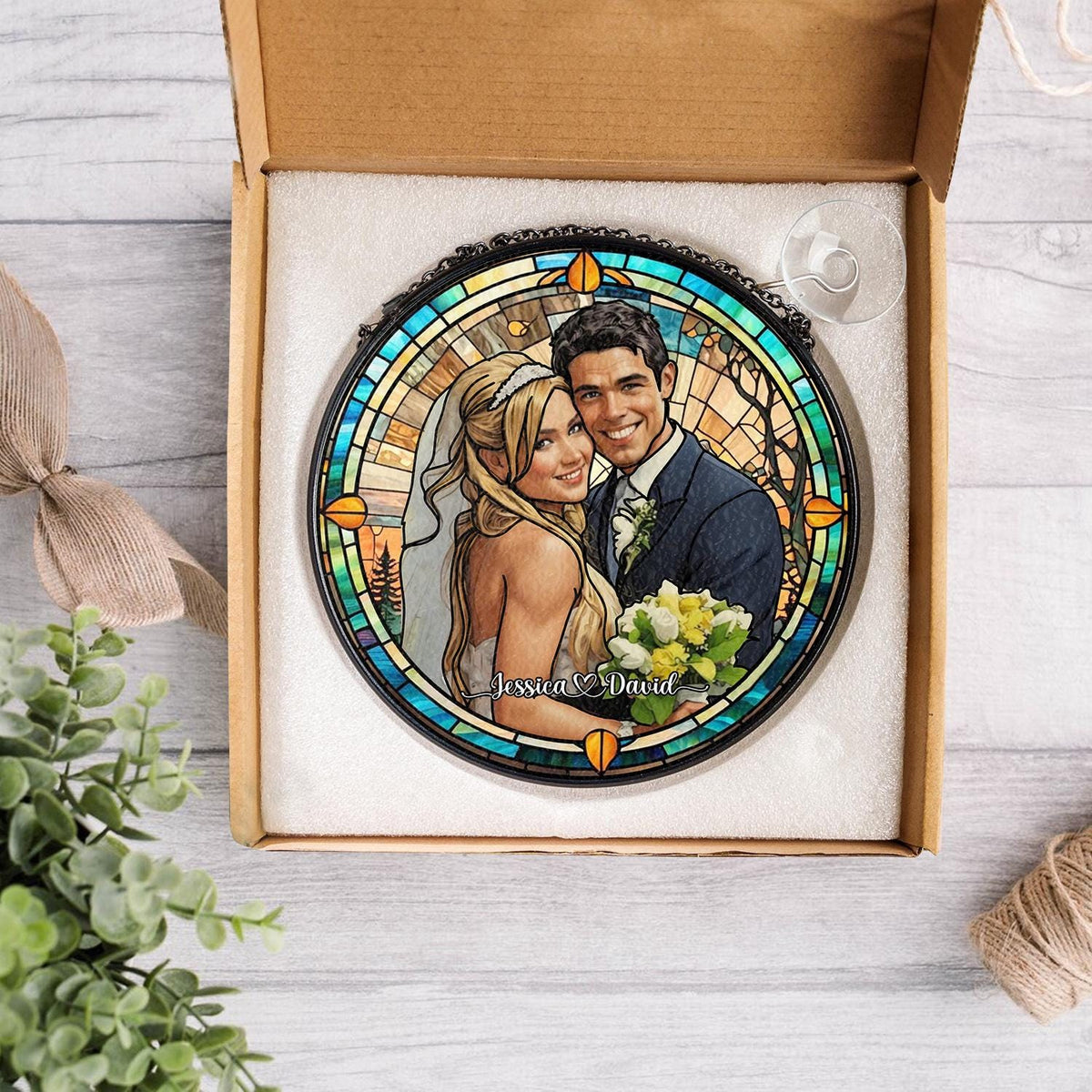 Custom Photo Name Wedding Suncatcher Glass, Personalized Couple Portrait Keepsake, Unique Anniversary or Bridal Gift, Stained Glass Window - product image 5