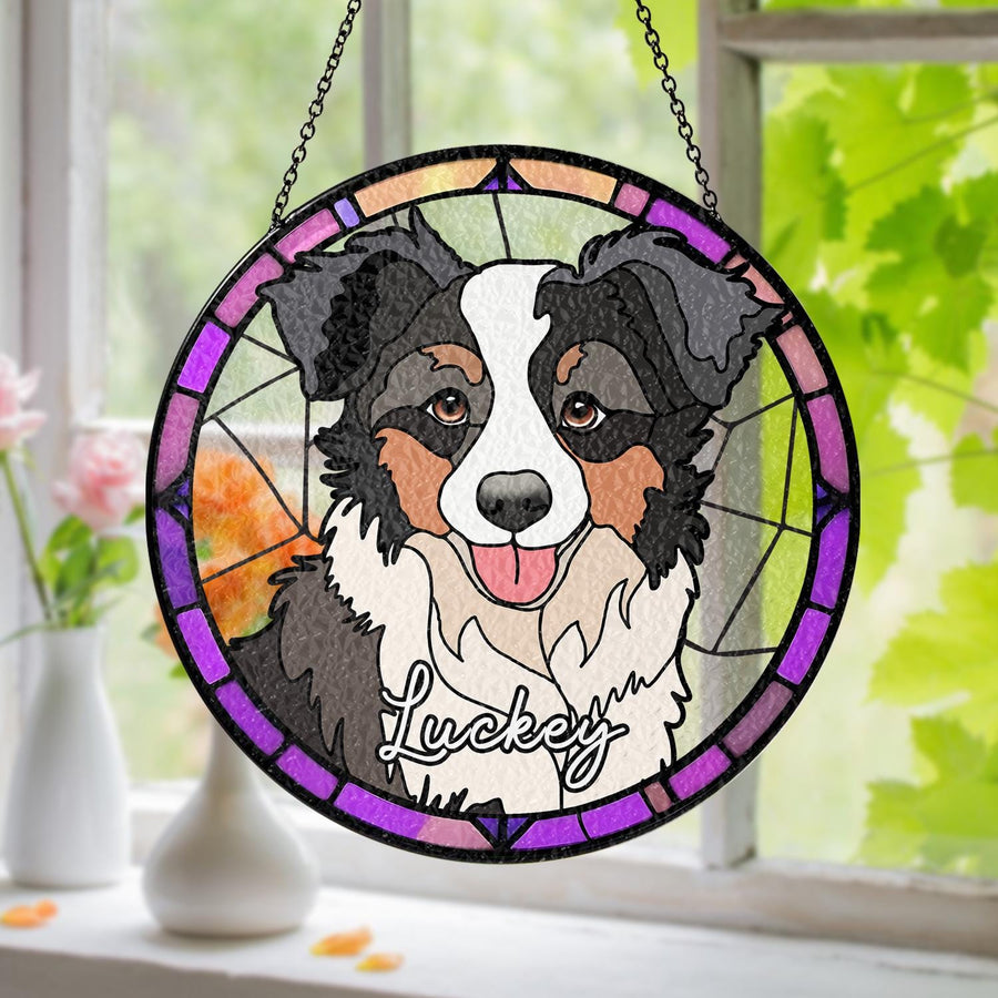 Personalized Dog Portrait Stained Glass Suncatcher, Custom Pet Memorial Stained Glass Photo Suncatcher, Dog Loss Keepsake, Pet Loss Gift - main product image