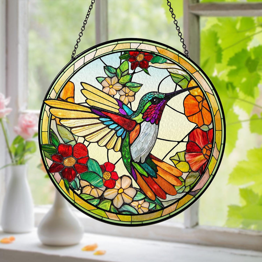 Stained Glass Style Hummingbird Suncatcher, Floral Window Hanging Decor, Colorful Sun Catcher Art, Unique Nature Gift, Handmade Glass Art - main product image