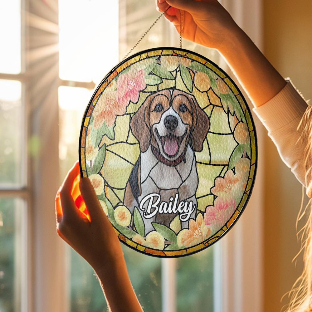 Custom Pet Photo Glass Suncatcher, Personalized Dog Lover Gift, Floral Sun Catcher, Stained Glass Style Window Decor, Unique Pet Art - product image 5