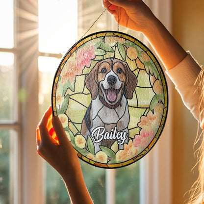 Custom Pet Photo Glass Suncatcher, Personalized Dog Lover Gift, Floral Sun Catcher, Stained Glass Style Window Decor, Unique Pet Art - product image 5