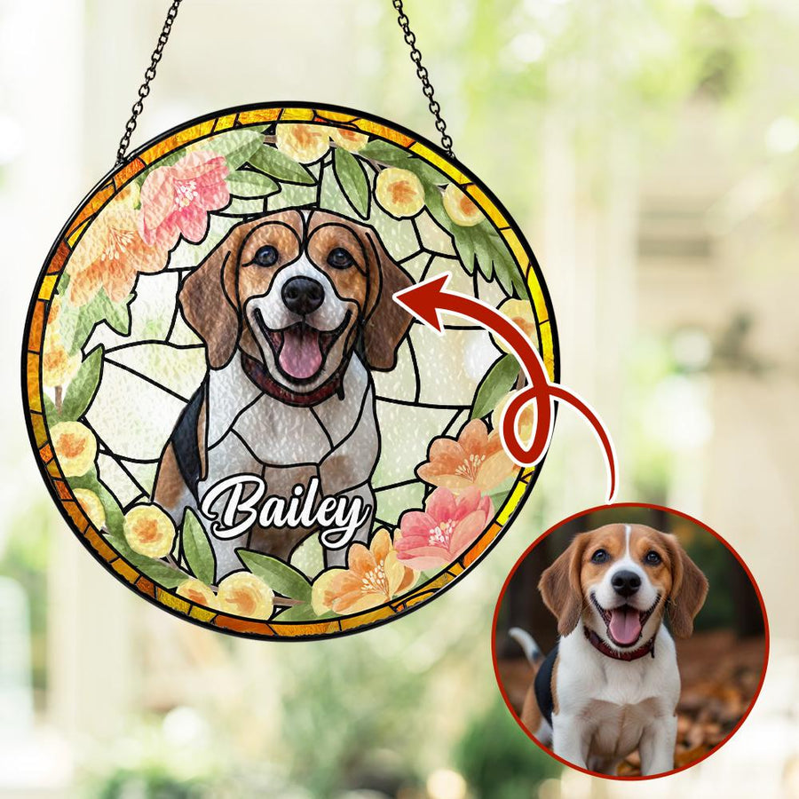Custom Pet Photo Glass Suncatcher, Personalized Dog Lover Gift, Floral Sun Catcher, Stained Glass Style Window Decor, Unique Pet Art - main product image