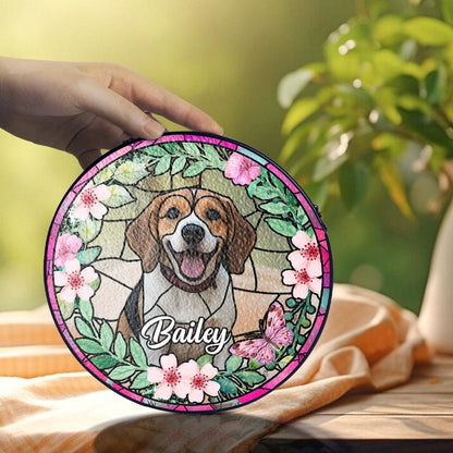 Custom Pet Photo Glass Suncatcher, Personalized Dog Lover Gift, Floral Sun Catcher, Stained Glass Style Window Decor, Unique Pet Art - product image 6