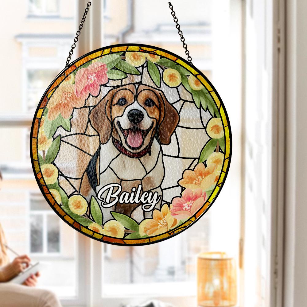 Custom Pet Photo Glass Suncatcher, Personalized Dog Lover Gift, Floral Sun Catcher, Stained Glass Style Window Decor, Unique Pet Art - product image 7