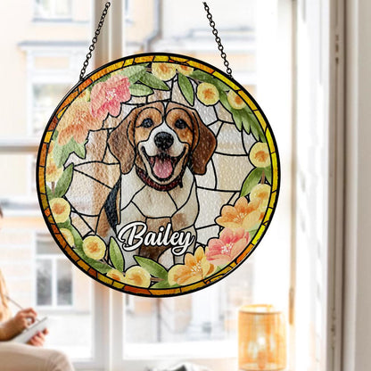 Custom Pet Photo Glass Suncatcher, Personalized Dog Lover Gift, Floral Sun Catcher, Stained Glass Style Window Decor, Unique Pet Art - product image 7