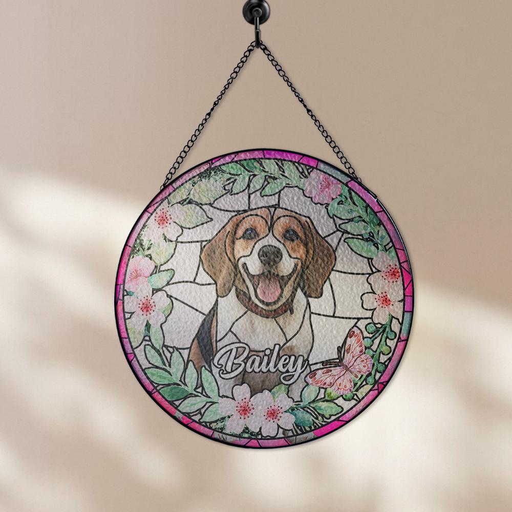 Custom Pet Photo Glass Suncatcher, Personalized Dog Lover Gift, Floral Sun Catcher, Stained Glass Style Window Decor, Unique Pet Art - product image 9