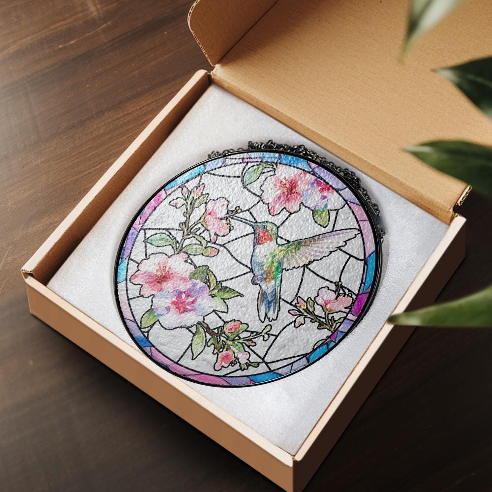 Hummingbird Suncatcher Glass Window Hanging, Stained Glass Style Bird Flower Decor, Sun Catcher Gift for Mom Birthday Memorial Garden Art - product image 2