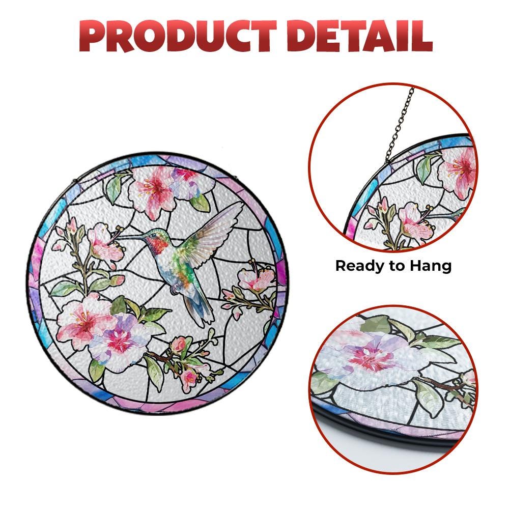 Hummingbird Suncatcher Glass Window Hanging, Stained Glass Style Bird Flower Decor, Sun Catcher Gift for Mom Birthday Memorial Garden Art - product image 6