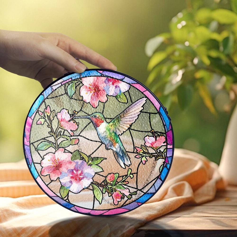 Hummingbird Suncatcher Glass Window Hanging, Stained Glass Style Bird Flower Decor, Sun Catcher Gift for Mom Birthday Memorial Garden Art - product image 9