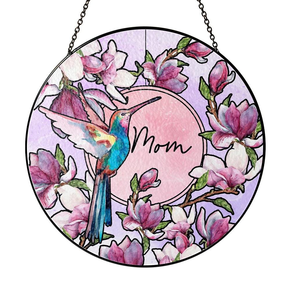 Hummingbird Floral Glass Suncatcher, Personalized Mom Gift, Magnolia Sun Catcher, Stained Glass Style Window Decor, Unique Mother’s Day Art - product image 2
