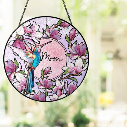 Hummingbird Floral Glass Suncatcher, Personalized Mom Gift, Magnolia Sun Catcher, Stained Glass Style Window Decor, Unique Mother’s Day Art - product image 4
