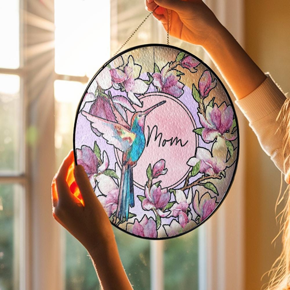 Hummingbird Floral Glass Suncatcher, Personalized Mom Gift, Magnolia Sun Catcher, Stained Glass Style Window Decor, Unique Mother’s Day Art - product image 5