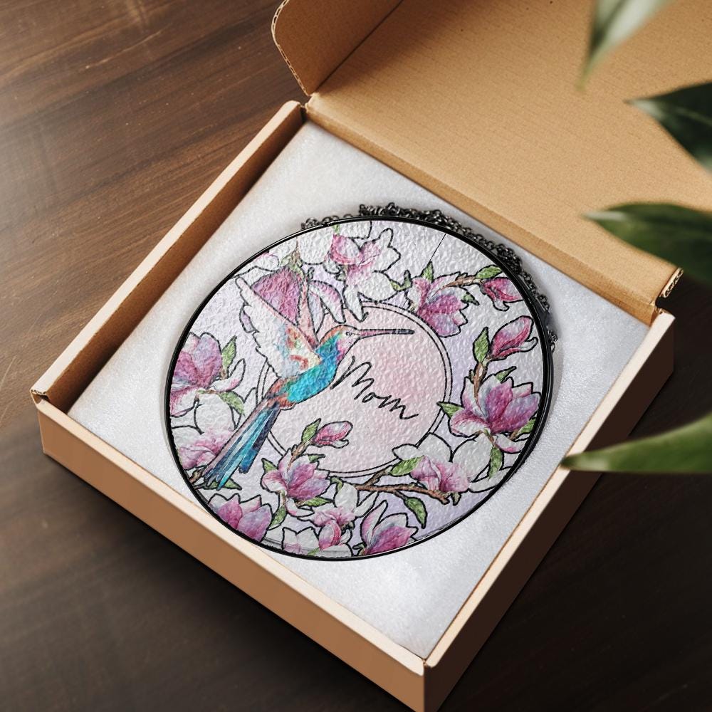 Hummingbird Floral Glass Suncatcher, Personalized Mom Gift, Magnolia Sun Catcher, Stained Glass Style Window Decor, Unique Mother’s Day Art - product image 7