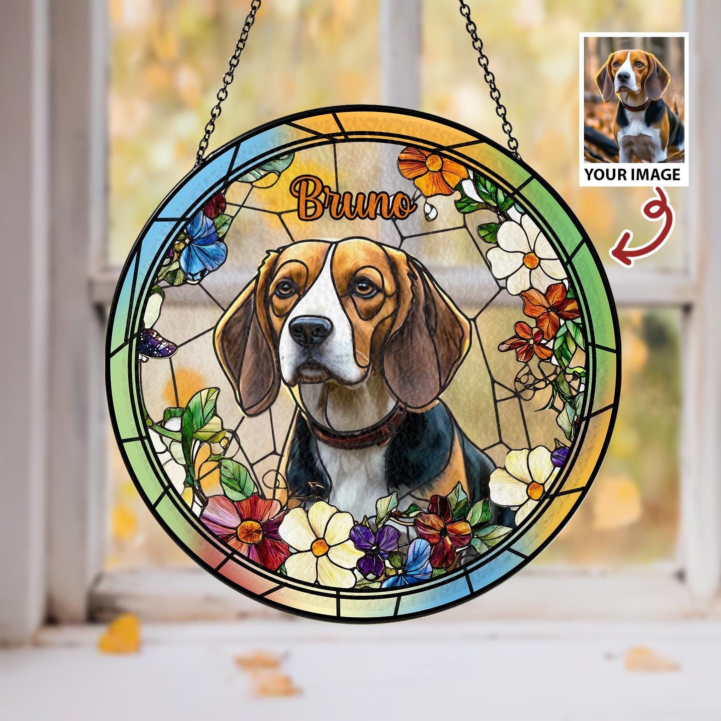 Custom Pet Photo Glass Suncatcher, Personalized Dog Lover Gift, Floral Sun Catcher, Stained Glass Style Window Decor, Unique Pet Art - product image 3