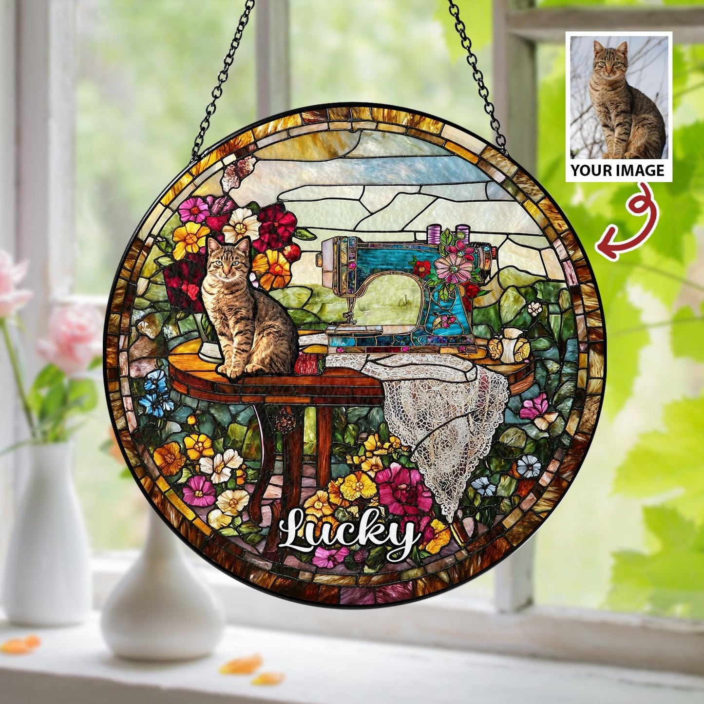 Custom Pet Photo Glass Suncatcher, Personalized Name Decor, Cat Portrait Gift, Vintage Sewing Sun Catcher, Unique Pet Memorial Art - product image 2
