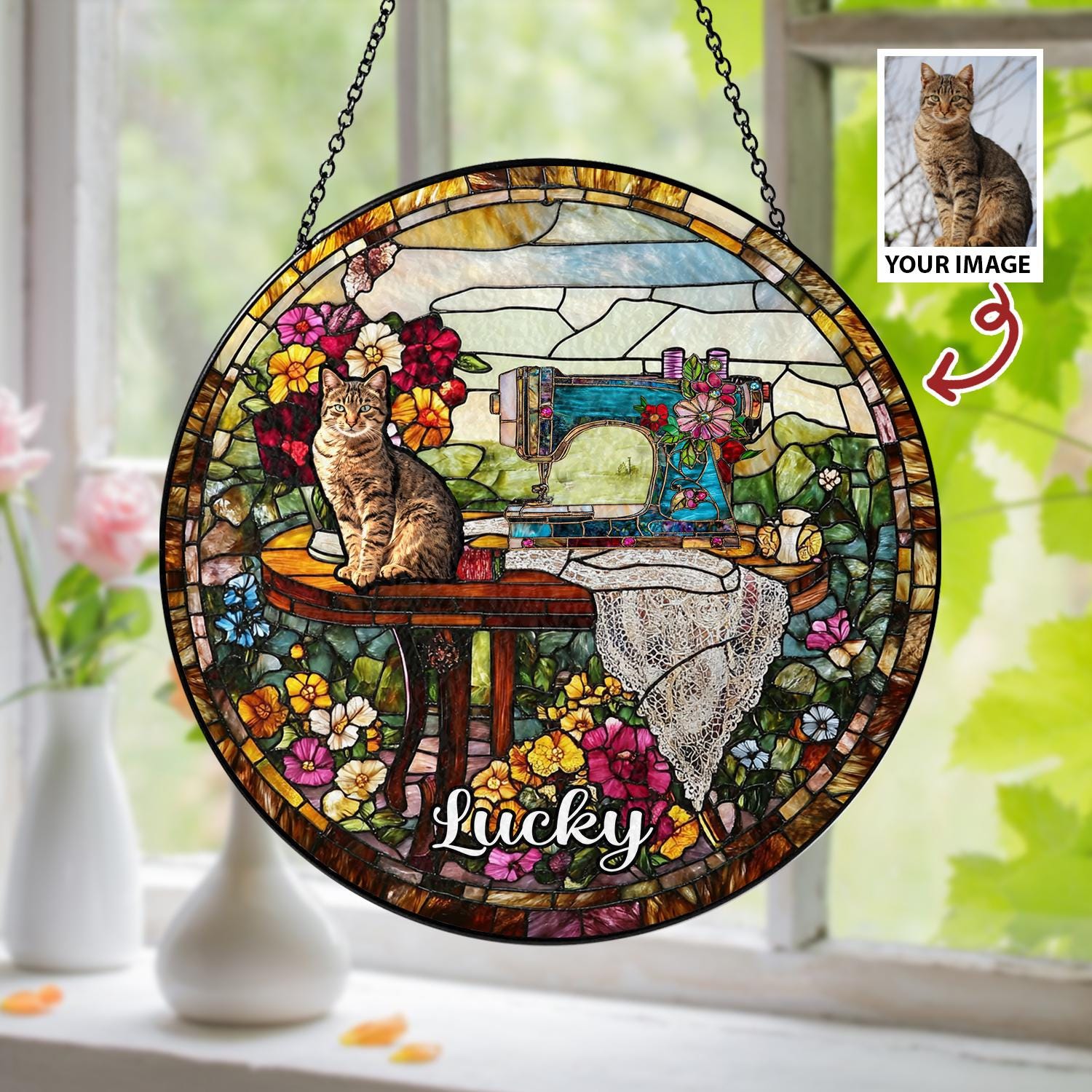 Custom Pet Photo Glass Suncatcher, Personalized Name Decor, Cat Portrait Gift, Vintage Sewing Sun Catcher, Unique Pet Memorial Art - product image 2