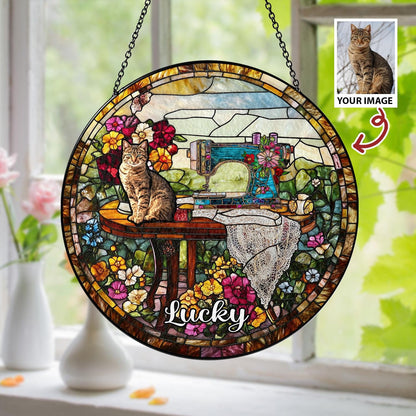 Custom Pet Photo Glass Suncatcher, Personalized Name Decor, Cat Portrait Gift, Vintage Sewing Sun Catcher, Unique Pet Memorial Art - product image 2
