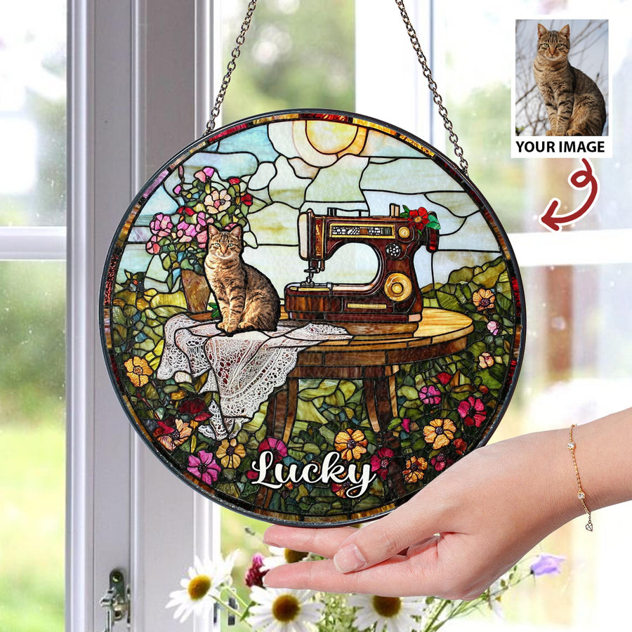 Custom Pet Photo Glass Suncatcher, Personalized Name Decor, Cat Portrait Gift, Vintage Sewing Sun Catcher, Unique Pet Memorial Art - main product image